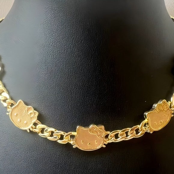 Gold curb chain choker with kitty face plaques