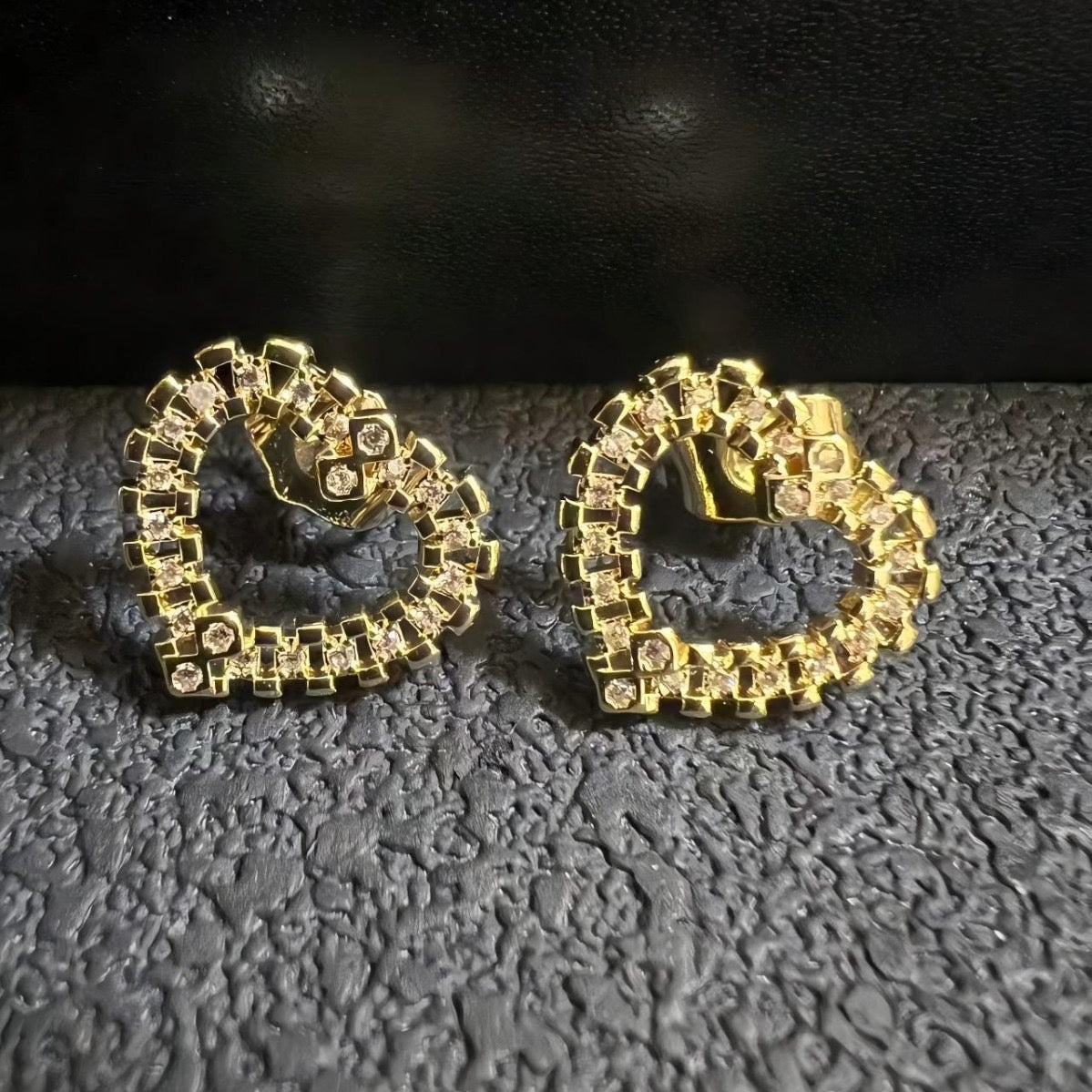 Gold rhinestone open heart stud earrings