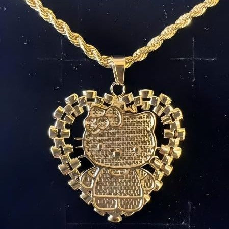 Extra large gold kitty heart pendant on rope chain