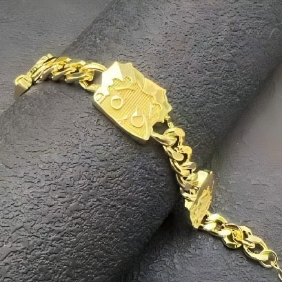 Gold curb chain bracelet with kitty ID plaques