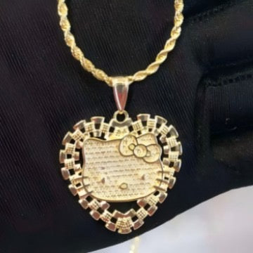 Gold kitty heart pendant on rope chain necklace